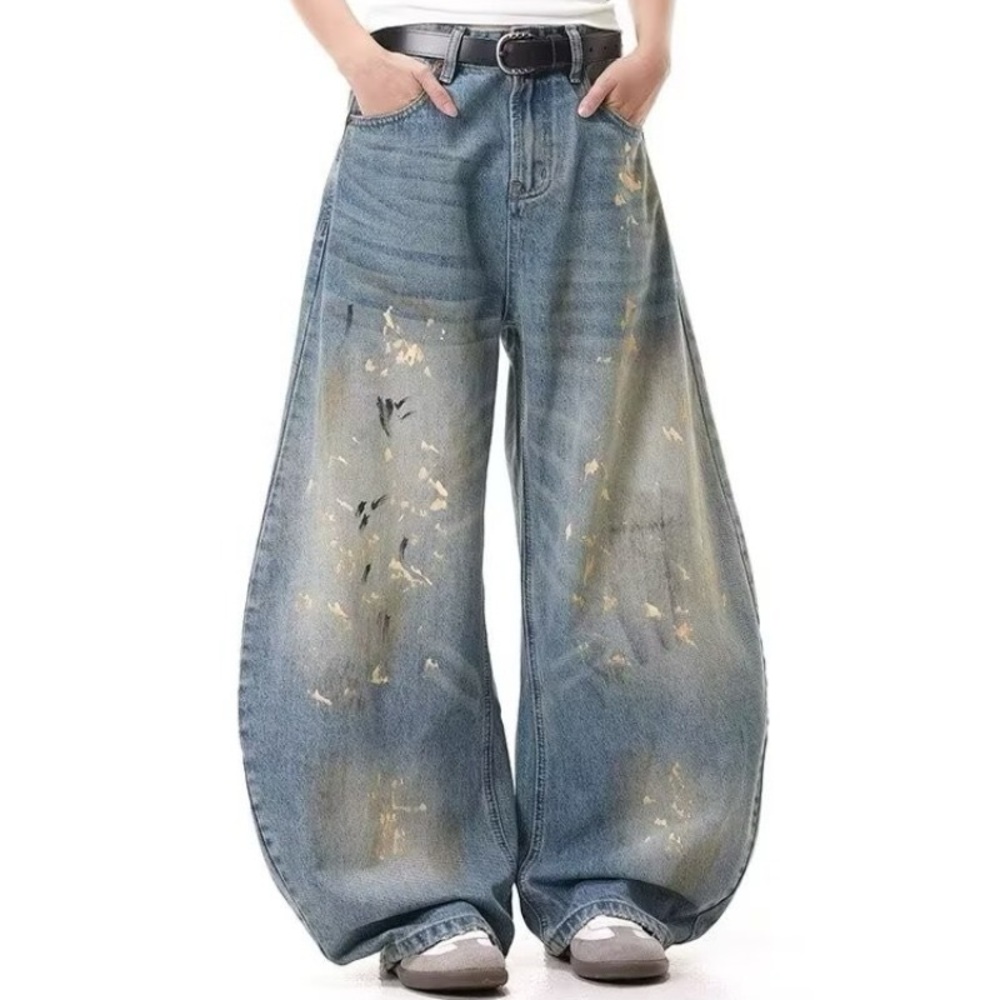 Men Brushed Paint Design PAINTED‎ WORK Washed Straight Baggy Jeans Pant Blue 34